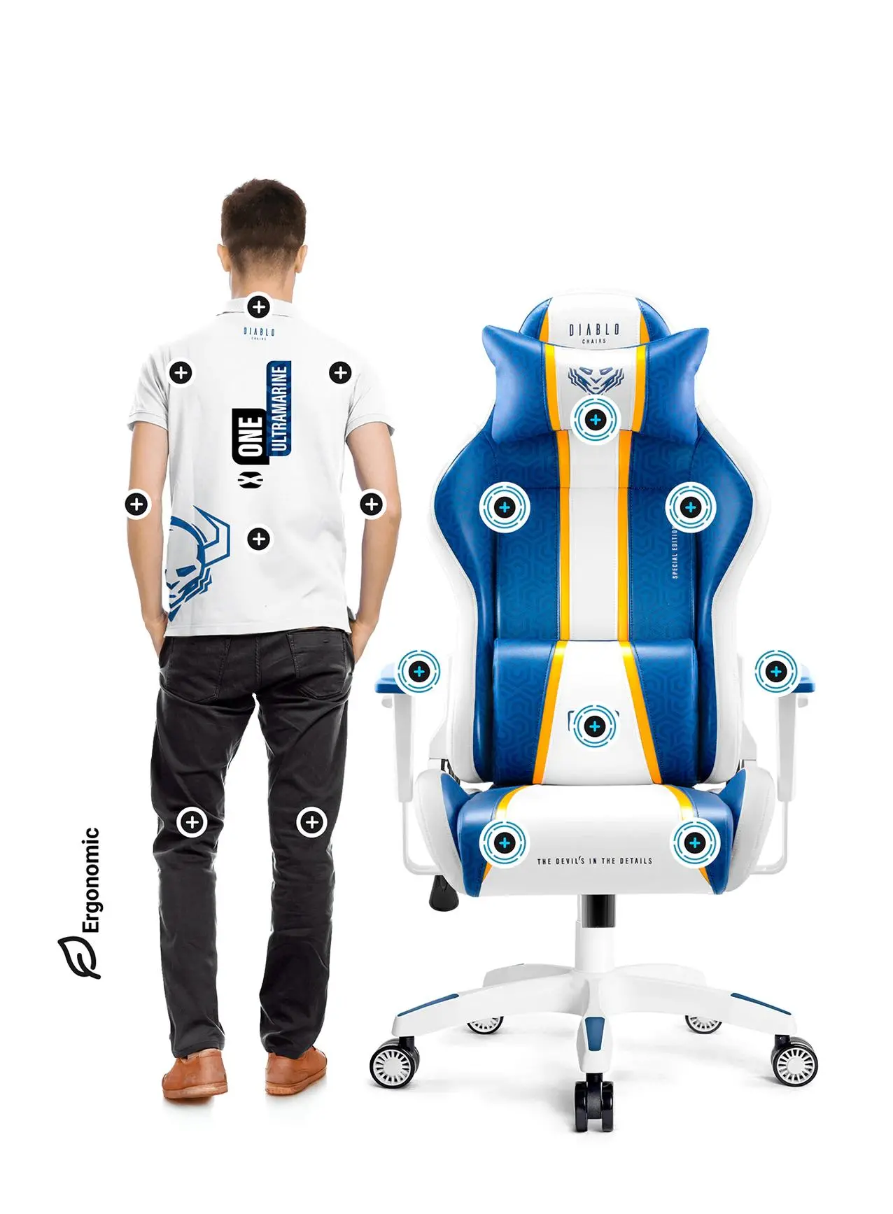 Fotel Diablo Chairs X-One 2.0 Normal Size Gamingowy do 136kg Skóra ECO Tkanina Biało-niebieski