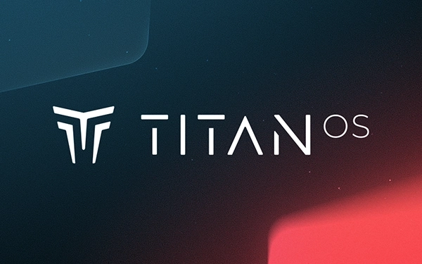 Логотип Titan OS на темно-синем и красном фоне — символ операционной системы для смарт-телевизоров.