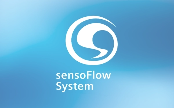 Логотип системи sensoFlow у вигляді абстрактного символу на синьому фоні