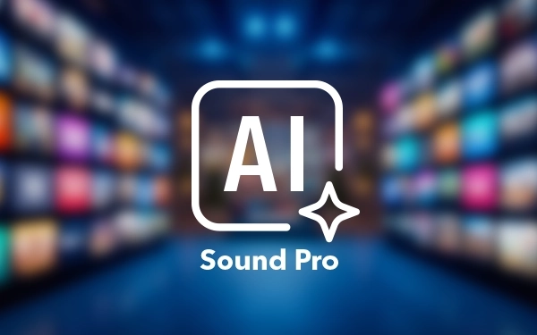 Логотип AI Sound Pro белого цвета на фоне размытых экранов разных цветов.