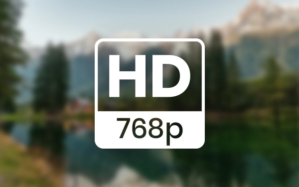Значок HD (висока чіткість) 768p – символ зображення з роздільною здатністю 1280×768 пікселів на розмитому пейзажному фоні