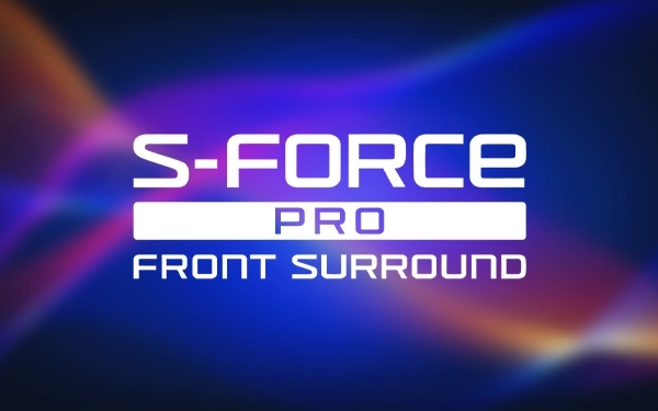 Логотип S-Force Pro Front Surround на синьому фоні з кольоровими світлими смугами