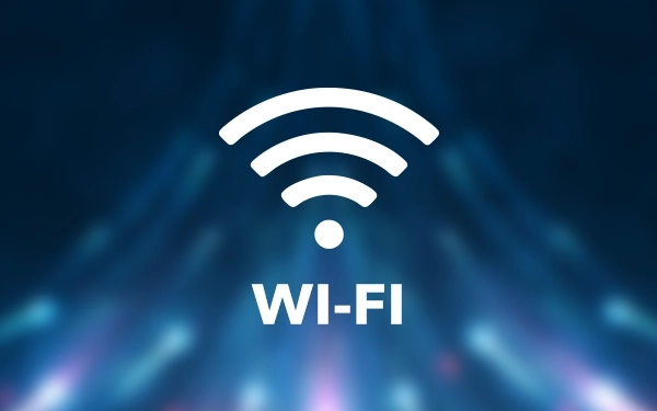 Піктограма Wi-Fi (бездротового зв'язку) білого кольору на синьому підсвіченому фоні