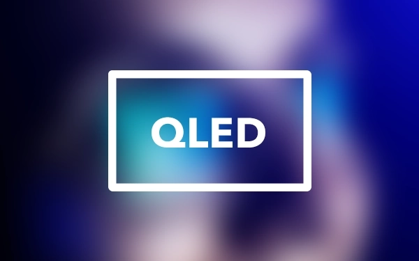 Графіка зі словом QLED (квантовий точковий світлодіод) на синьо-фіолетовому фоні