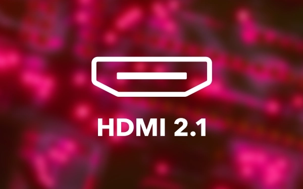 Значок роз'єму HDMI 2.1 (High-Definition Multimedia Interface) на рожево-червоному фоні