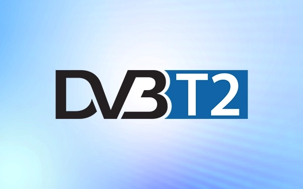 Логотип DVB-T2 (цифрове відеомовлення – ефірне – другого покоління) чорно-синього кольору на світлому фоні