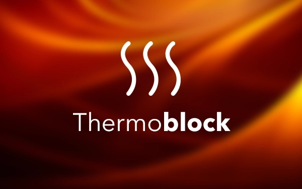 Значок із трьома лініями відпарювання та словом Thermoblock на помаранчево-червоному фоні.