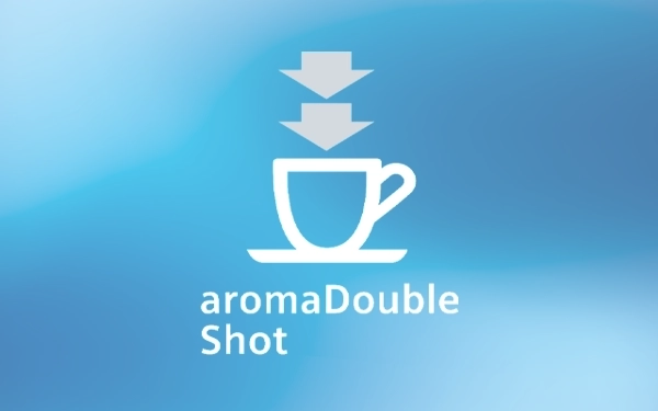 Значок чашки з двома стрілками вниз і словом aromaDouble Shot на синьому фоні
