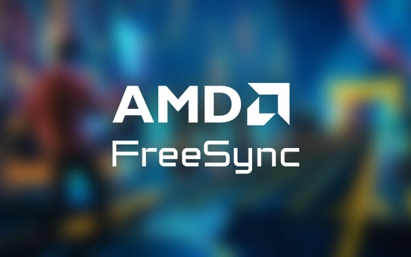 Логотип AMD FreeSync на розмитому синьому фоні – символ технології синхронізації зображень в іграх