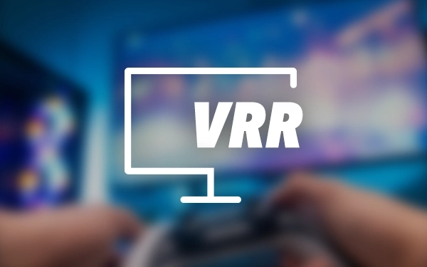 Значок VRR на тлі монітора та контролера – символ технології змінної частоти оновлення екрана.