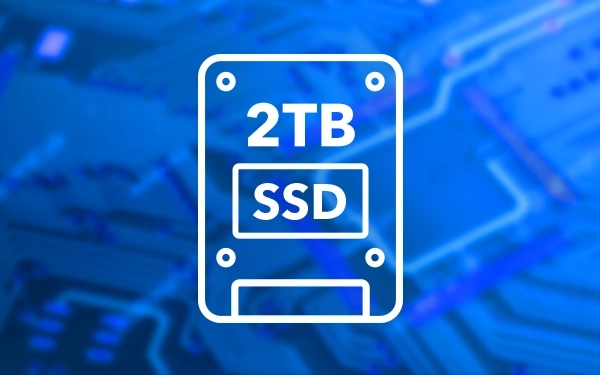 Значок SSD-накопичувача з написом 2 ТБ білого кольору на синьому фоні електронної схеми.
