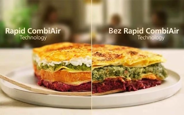 Порівняння страви з технологією Rapid CombiAir та без неї – ліва сторона хрусткіша та рум’яніша