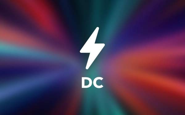 Значок, що представляє живлення постійного струму (DC) на барвистому, абстрактному фоні.
