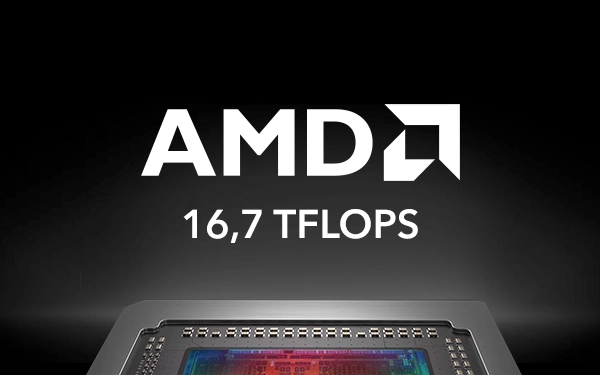Логотип AMD з текстом «16,7 TFLOPS» над зображенням чіпа на чорному фоні