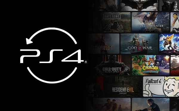 Логотип PS4 з круглою стрілкою білого кольору ліворуч та мініатюрами гри на чорному фоні праворуч