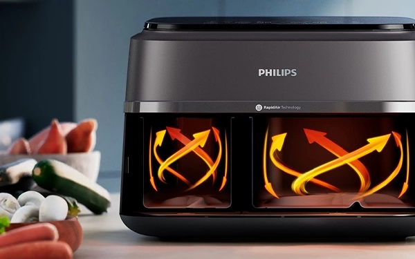 Двокамерна фритюрниця Philips Rapid Air, видимі стрілки циркуляції повітря