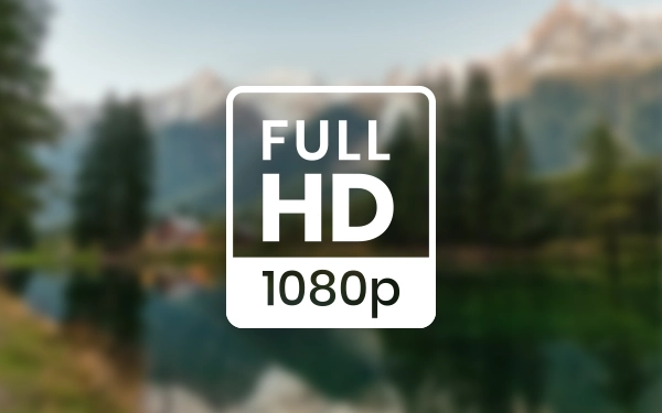 Значок Full HD (высокое разрешение) 1080p — символ изображения с разрешением 1920×1080 пикселей на размытом альбомном фоне.