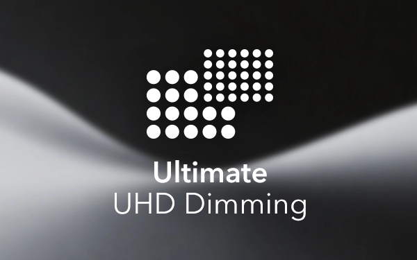 Логотип Ultimate UHD Dimming (Ultra High Definition) на чорно-сірому фоні