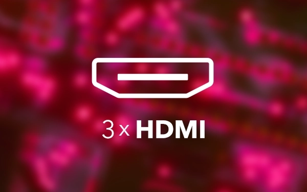 Значок роз'єму з текстом 3×HDMI (High-Definition Multimedia Interface) на рожево-червоному фоні