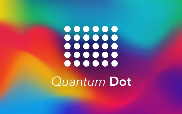 Логотип Quantum Dot – білі точки, розташовані у вигляді сітки на різнокольоровому градієнтному фоні, що символізують кольорову технологію