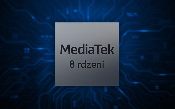 Чіп MediaTek з написом "8 ядер", написаним сірим кольором на синьому фоні візерунка схеми