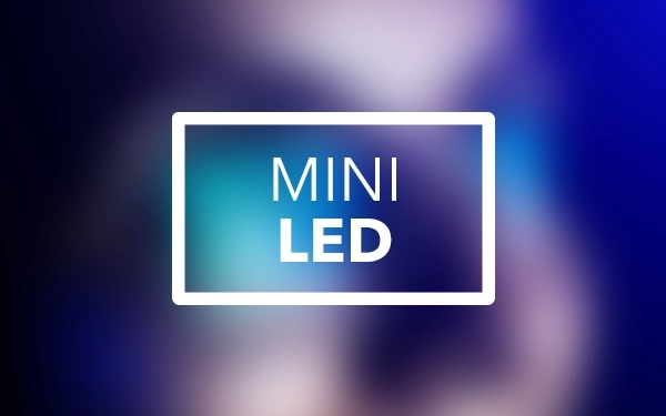 Значок на екрані телевізора зі словами mini LED (світлодіод) на синьо-фіолетовому фоні.