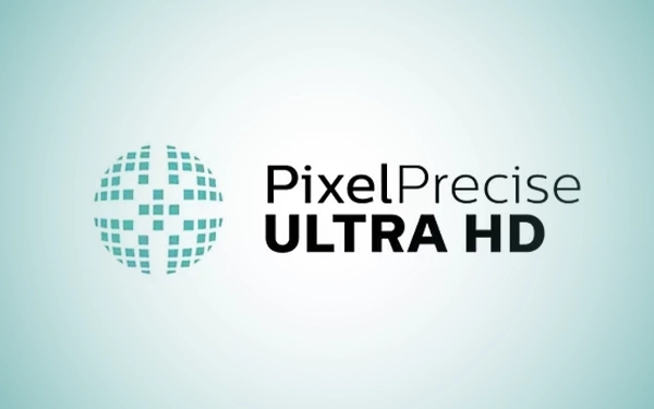 Логотип Pixel Precise Ultra HD — символ сферы, составленной из пикселей, рядом с надписью, указывающей на технологию улучшения качества изображения.