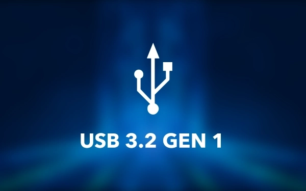 Ikona z symbolem USB(Universal Serial Bus) napisem USB 3.2 Gen 1 na niebieskim rozmytym tle
